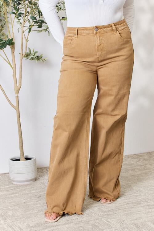 RISEN Full Size Fringe Hem Wide Leg Jeans  | KIKI COUTURE