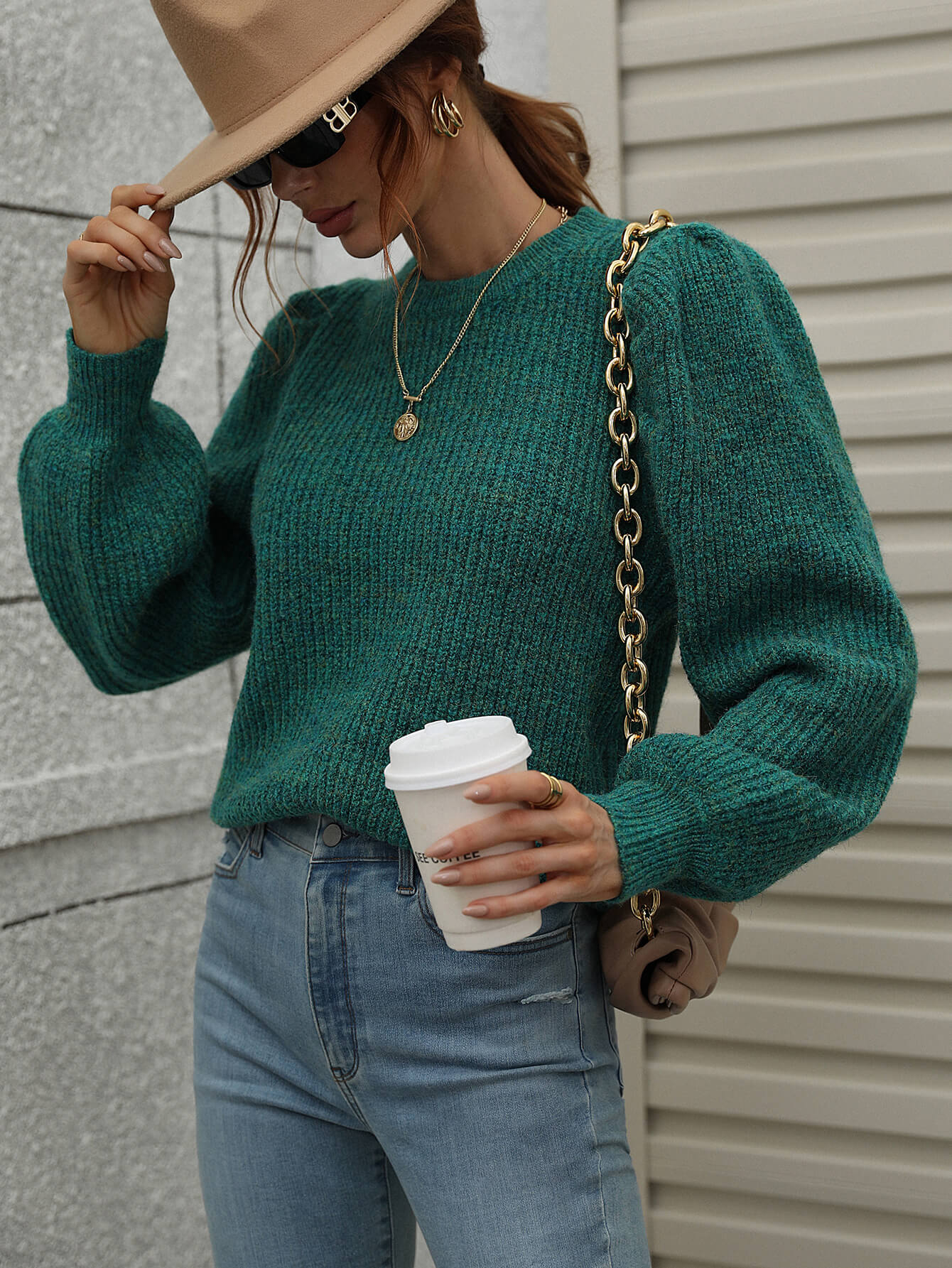 Heathered Long Lantern Sleeve Rib-Knit Sweater  | KIKI COUTURE-Women's Clothing, Designer Fashions, Shoes, Bags