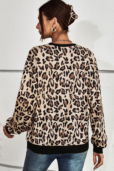 Leopard Round Neck Dropped Shoulder Sweatshirt  | KIKI COUTURE-Women's Clothing, Designer Fashions, Shoes, Bags