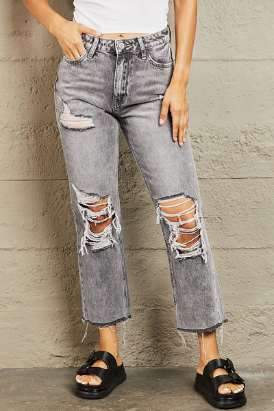 BAYEAS Acid Wash Distressed Cropped Straight Jeans  | KIKI COUTURE