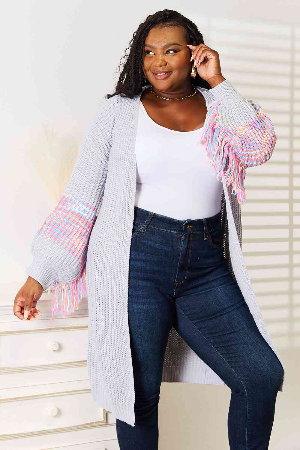 Woven Right Fringe Sleeve Dropped Shoulder Cardigan  | KIKI COUTURE