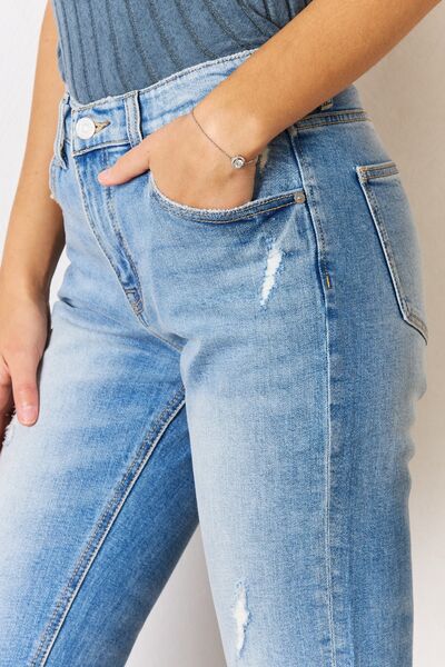 Kancan High Rise Distressed Slim Straight Jeans  | KIKI COUTURE