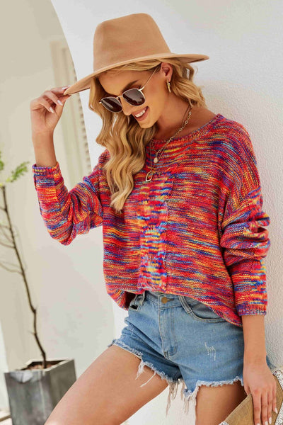 Multicolored Cable-Knit Drop Shoulder Sweater  | KIKI COUTURE-Women's Clothing, Designer Fashions, Shoes, Bags