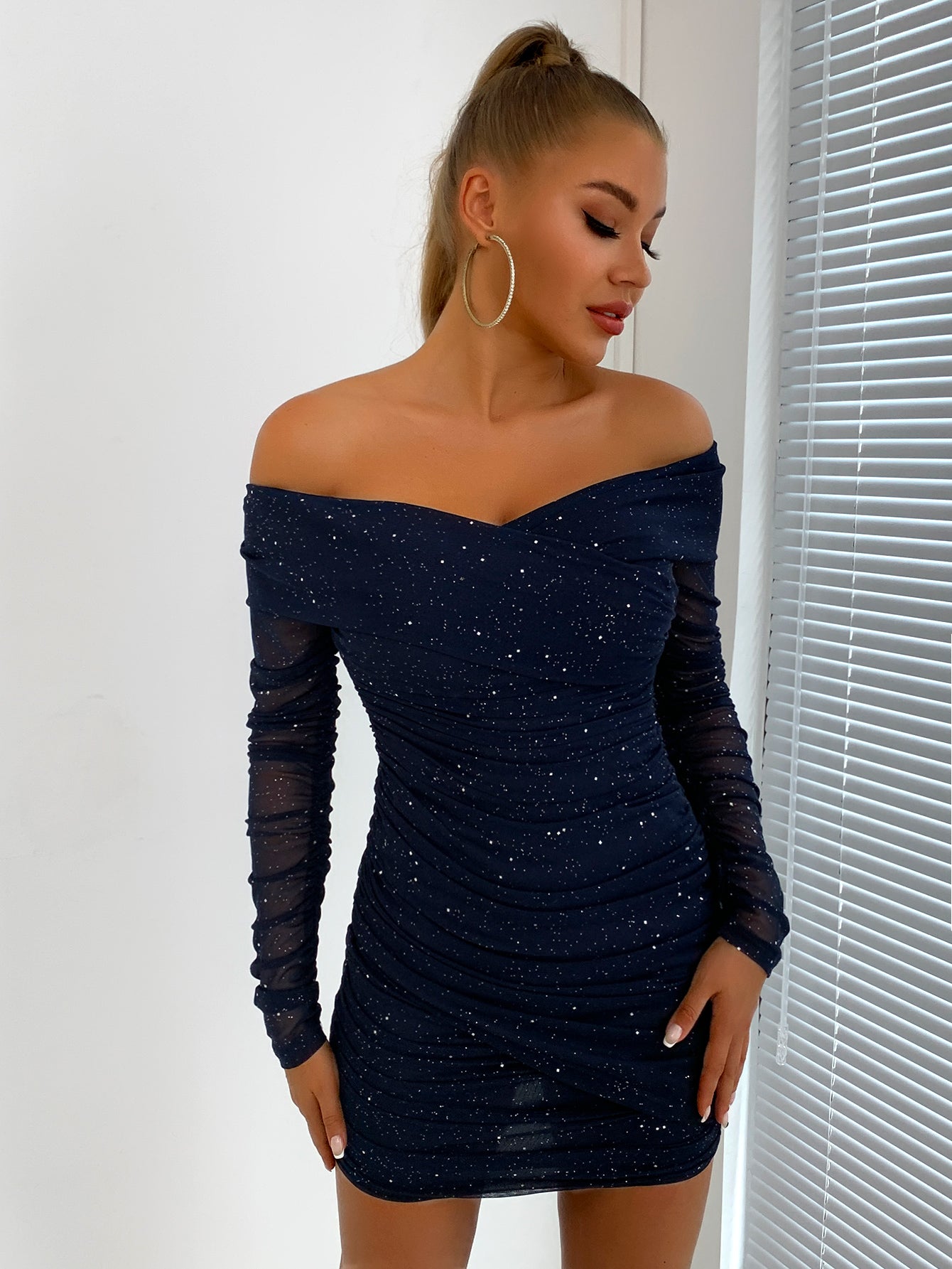 Glitter Ruched Off-Shoulder Long Sleeve Bodycon Dress  | KIKI COUTURE-Women's Clothing, Designer Fashions, Shoes, Bags