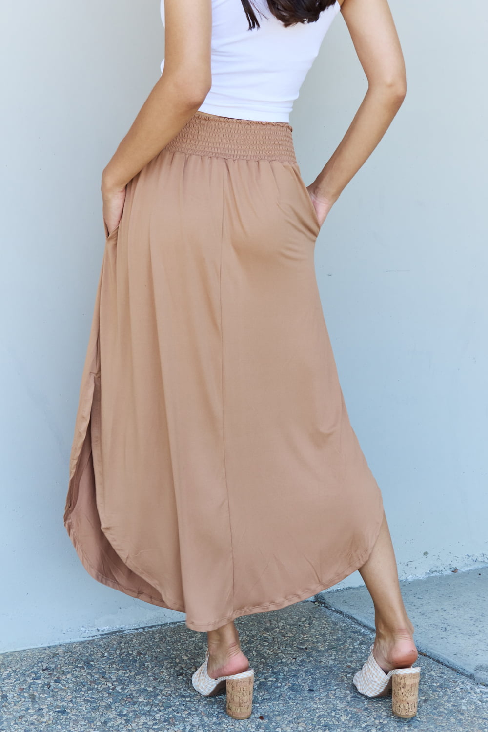 Doublju Comfort Princess Full Size High Waist Scoop Hem Maxi Skirt in Tan  | KIKI COUTURE