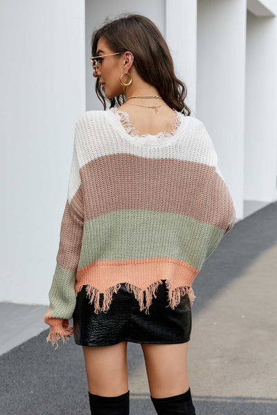Striped Fringe Trim V-Neck Sweater  | KIKI COUTURE-Women's Clothing, Designer Fashions, Shoes, Bags