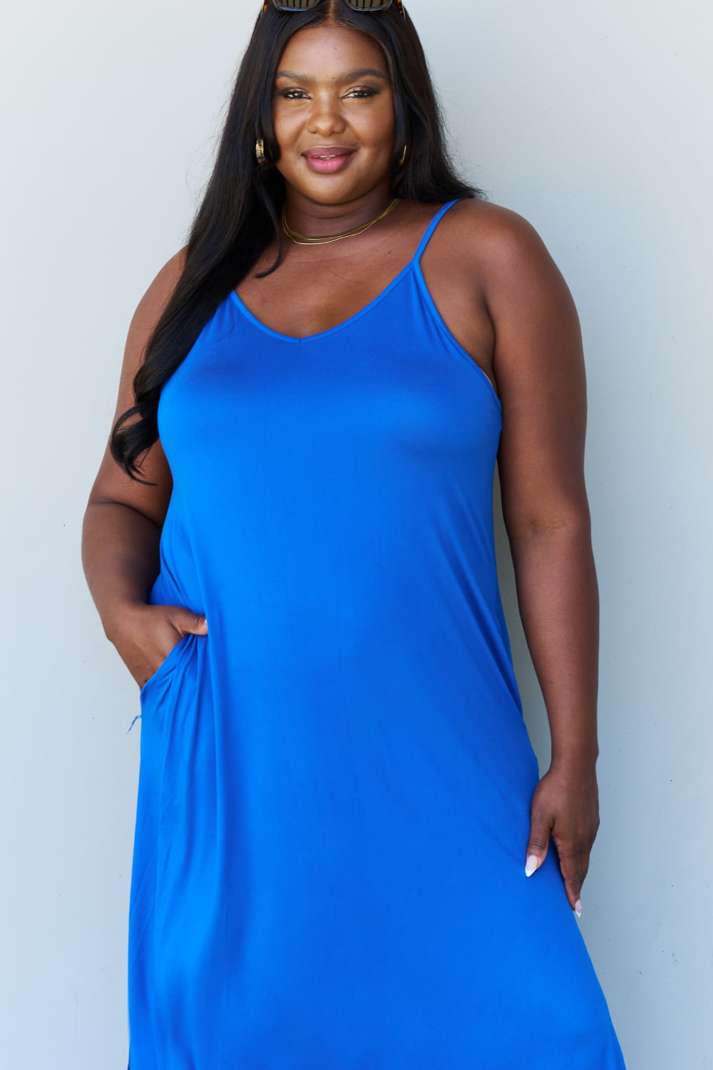 Ninexis Good Energy Full Size Cami Side Slit Maxi Dress in Royal Blue  | KIKI COUTURE