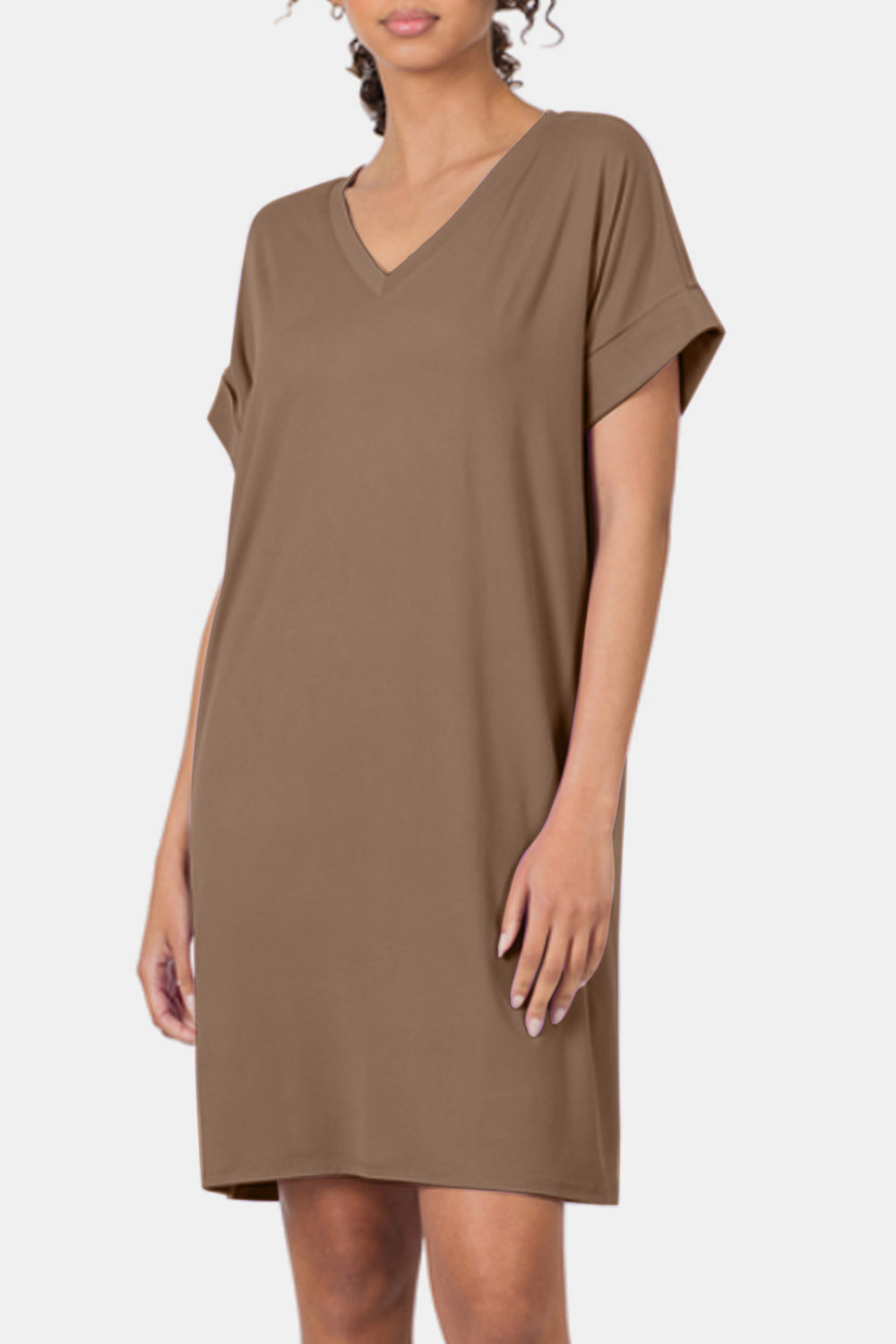 Zenana Rolled Short Sleeve V-Neck Dress  | KIKI COUTURE