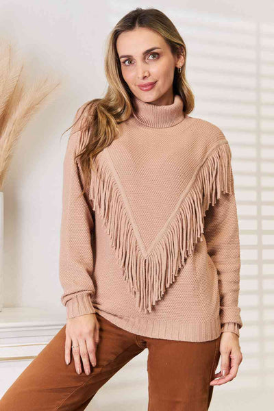 Woven Right Turtleneck Fringe Front Long Sleeve Sweater  | KIKI COUTURE