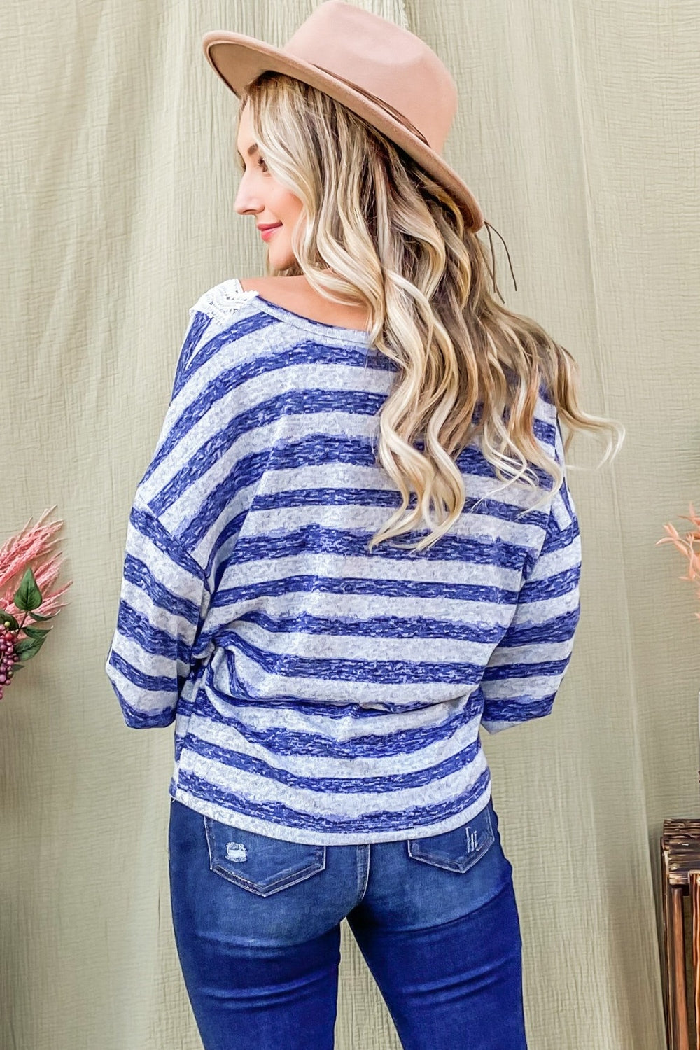 And The Why Striped Lace Detail V Neck Top  | KIKI COUTURE