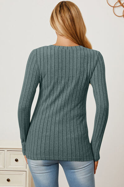 Basic Bae Full Size Ribbed V-Neck Long Sleeve T-Shirt  | KIKI COUTURE