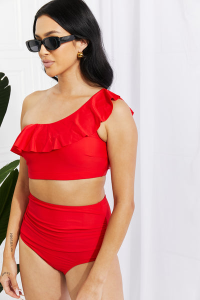 Marina West Swim Seaside Romance Ruffle One-Shoulder Bikini in Red  | KIKI COUTURE