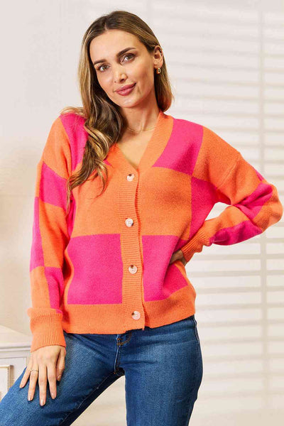 Woven Right Checkered V-Neck Dropped Shoulder Cardigan  | KIKI COUTURE