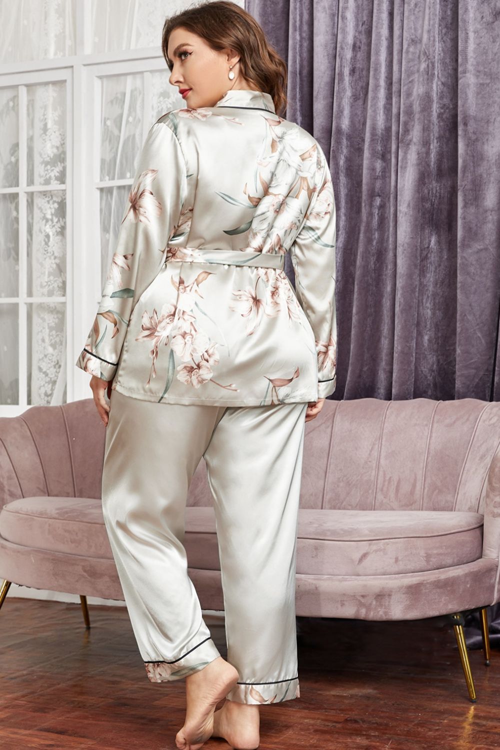 Plus Size Floral Belted Robe and Pants Pajama Set  | KIKI COUTURE-Women's Clothing, Designer Fashions, Shoes, Bags