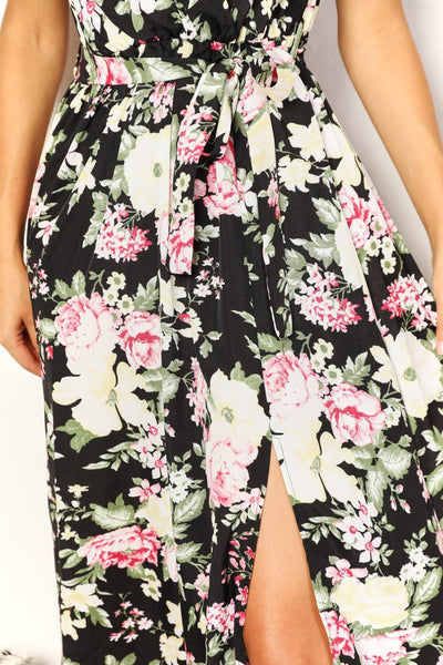 Double Take Floral Flutter Sleeve Tie-Waist Split Dress  | KIKI COUTURE