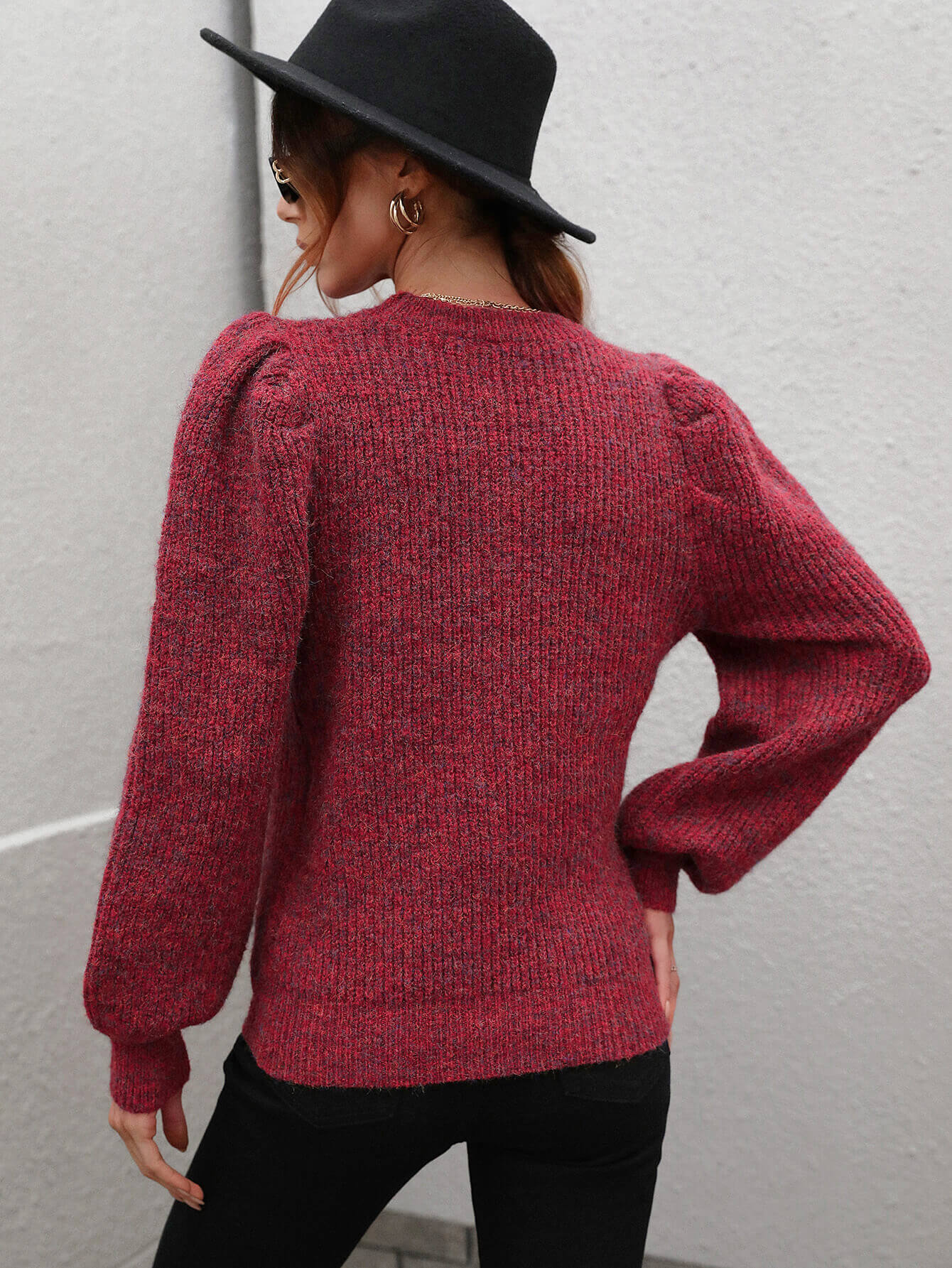 Heathered Long Lantern Sleeve Rib-Knit Sweater  | KIKI COUTURE-Women's Clothing, Designer Fashions, Shoes, Bags