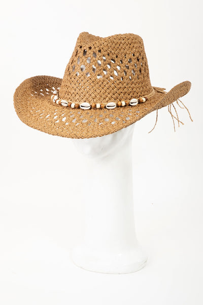 Fame Cowrie Shell Beaded String Straw Hat  | KIKI COUTURE