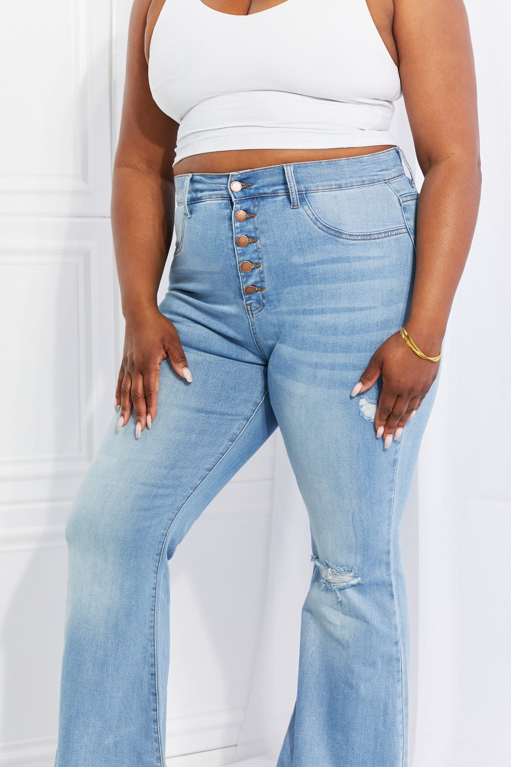Vibrant MIU Full Size Jess Button Flare Jeans  | KIKI COUTURE