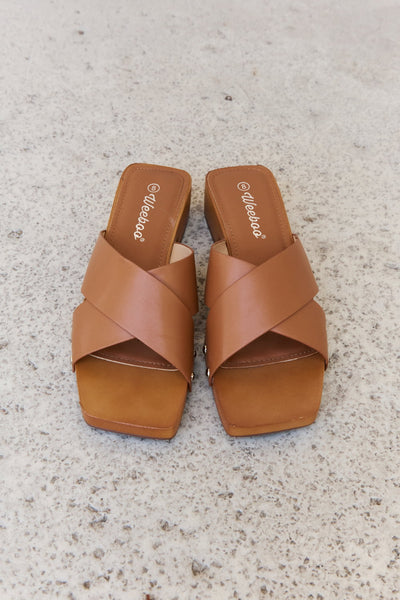 Weeboo Step Into Summer Criss Cross Wooden Clog Mule in Brown  | KIKI COUTURE