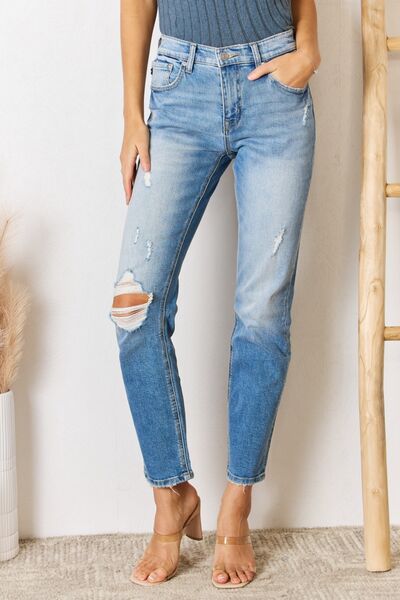 Kancan High Rise Distressed Slim Straight Jeans  | KIKI COUTURE