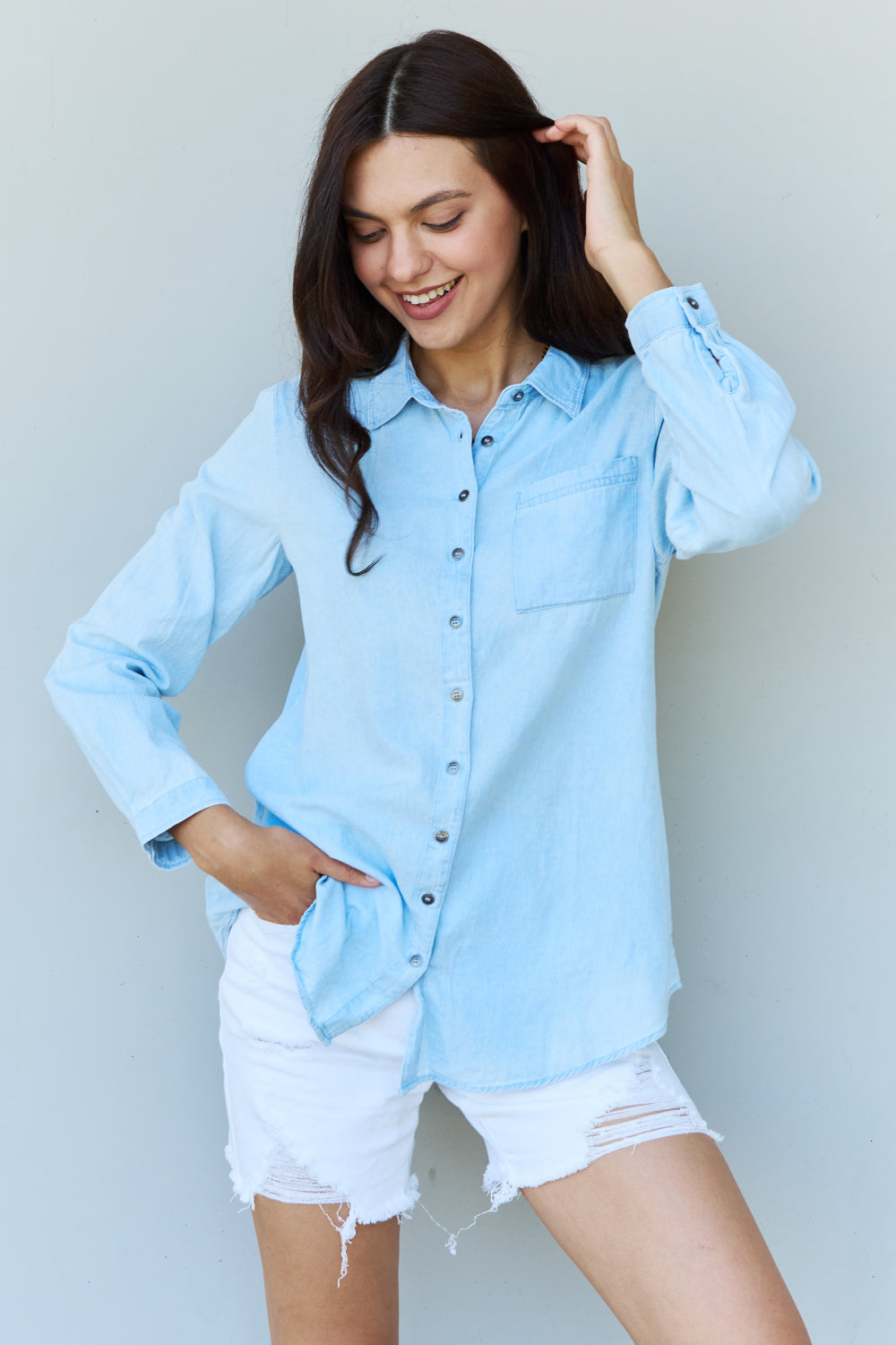 Doublju Blue Jean Baby Denim Button Down Shirt Top in Light Blue  | KIKI COUTURE