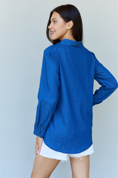Doublju Blue Jean Baby Denim Button Down Shirt Top in Dark Blue  | KIKI COUTURE