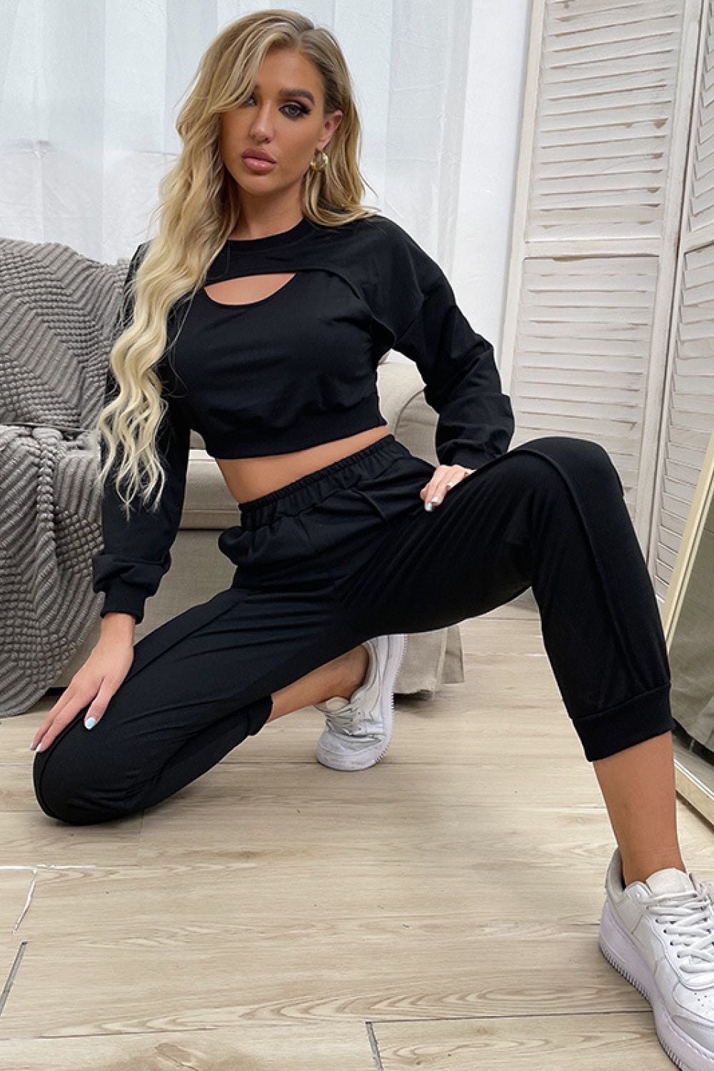 Cut Out Crop Top and Joggers Set  | KIKI COUTURE-Women's Clothing, Designer Fashions, Shoes, Bags