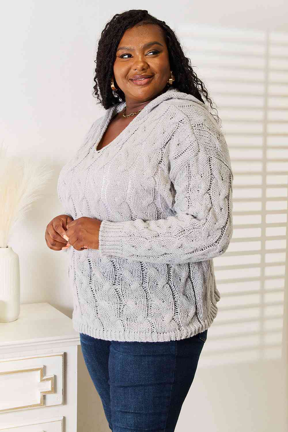 Woven Right Cable-Knit Hooded Sweater  | KIKI COUTURE