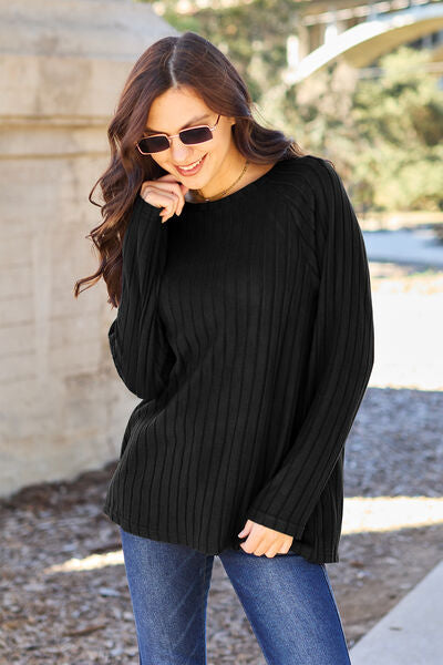 Basic Bae Full Size Ribbed Round Neck Long Sleeve Knit Top  | KIKI COUTURE