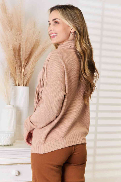 Woven Right Turtleneck Fringe Front Long Sleeve Sweater  | KIKI COUTURE