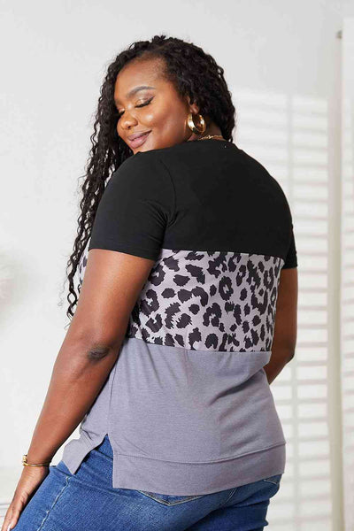Double Take Leopard Print Color Block Short Sleeve T-Shirt  | KIKI COUTURE