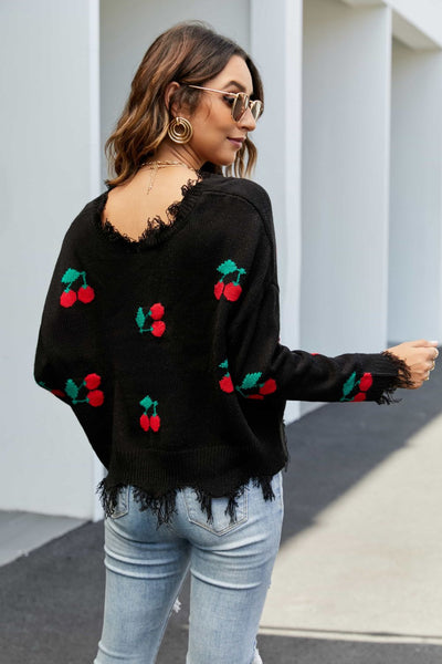 Cherry Pattern Frayed Trim V-Neck Sweater  | KIKI COUTURE-Women's Clothing, Designer Fashions, Shoes, Bags