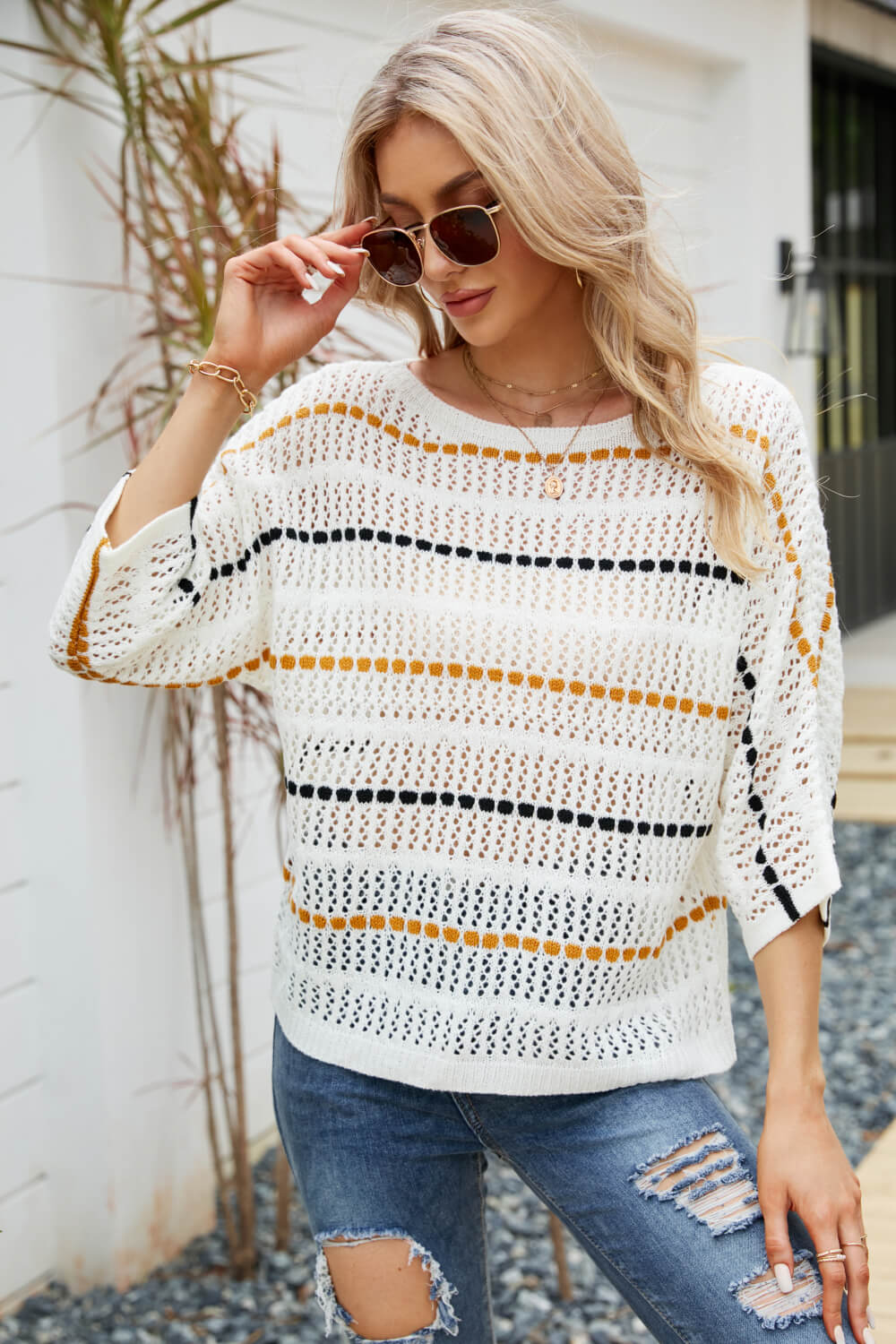 Striped Openwork Three-Quarter Sleeve Knit Top  | KIKI COUTURE-Women's Clothing, Designer Fashions, Shoes, Bags