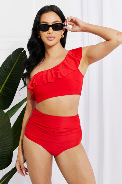 Marina West Swim Seaside Romance Ruffle One-Shoulder Bikini in Red  | KIKI COUTURE