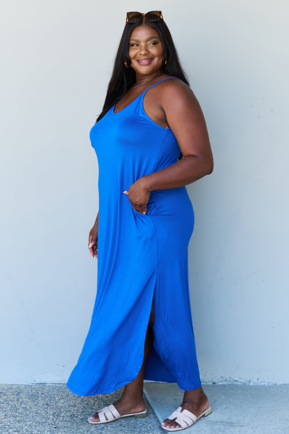 Ninexis Good Energy Full Size Cami Side Slit Maxi Dress in Royal Blue  | KIKI COUTURE