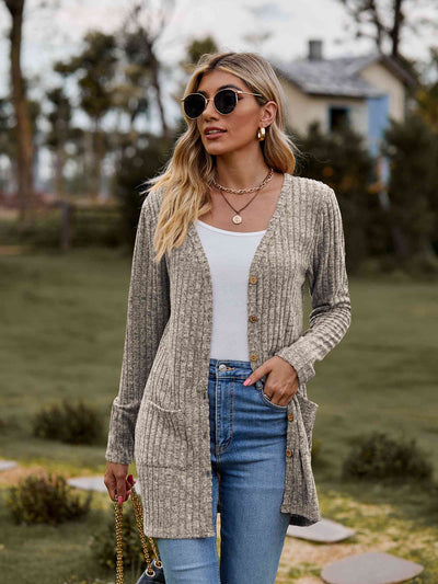 Double Take Ribbed Button-Up Cardigan with Pockets  | KIKI COUTURE