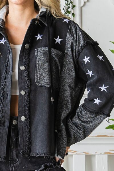 Veveret Star Embroidered Hooded Denim Jacket  | KIKI COUTURE