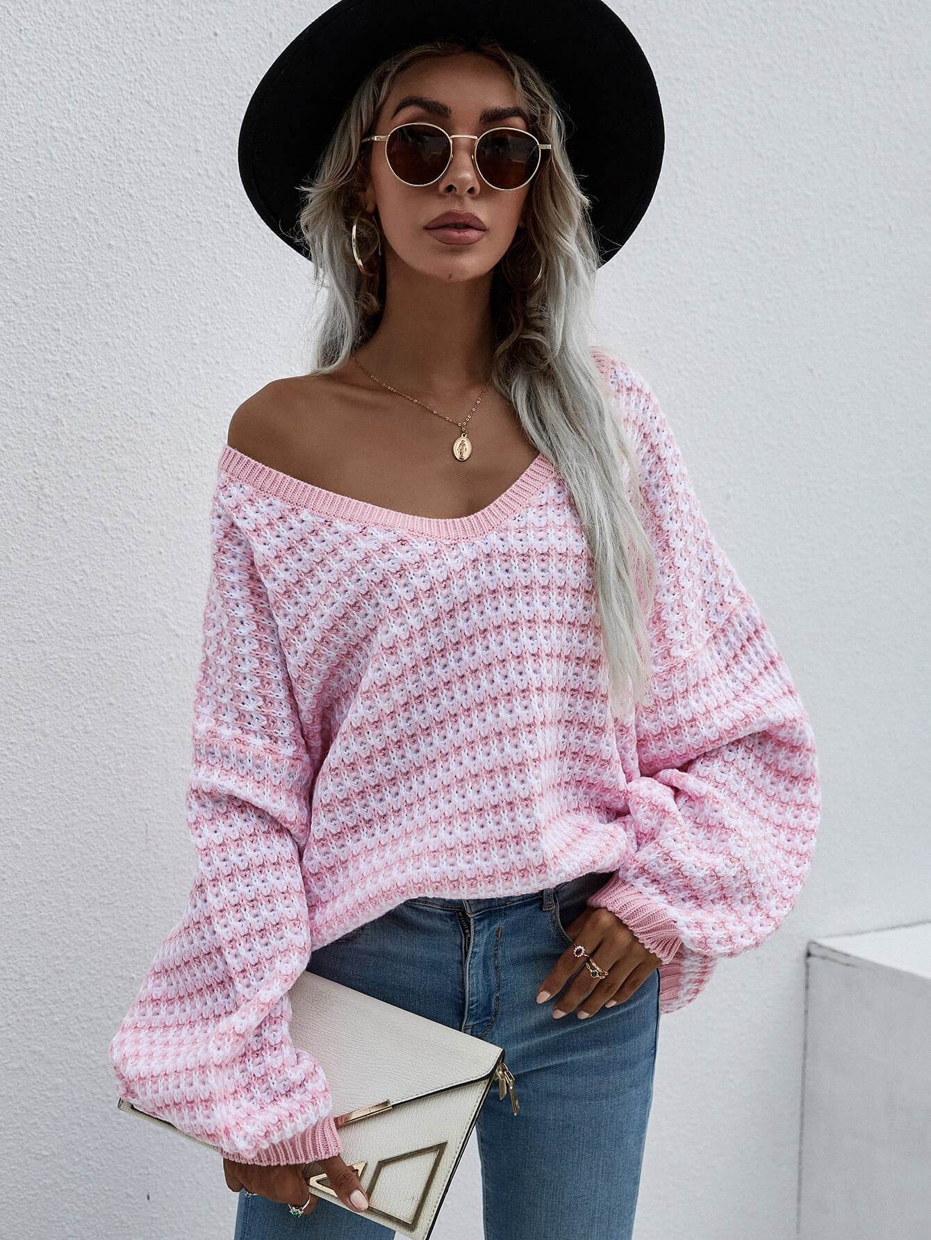 Striped Drop Shoulder V-Neck Pullover Sweater  | KIKI COUTURE-Women's Clothing, Designer Fashions, Shoes, Bags