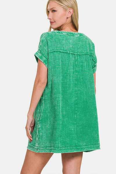 Zenana Washed Notched Short Sleeve Mini Dress  | KIKI COUTURE