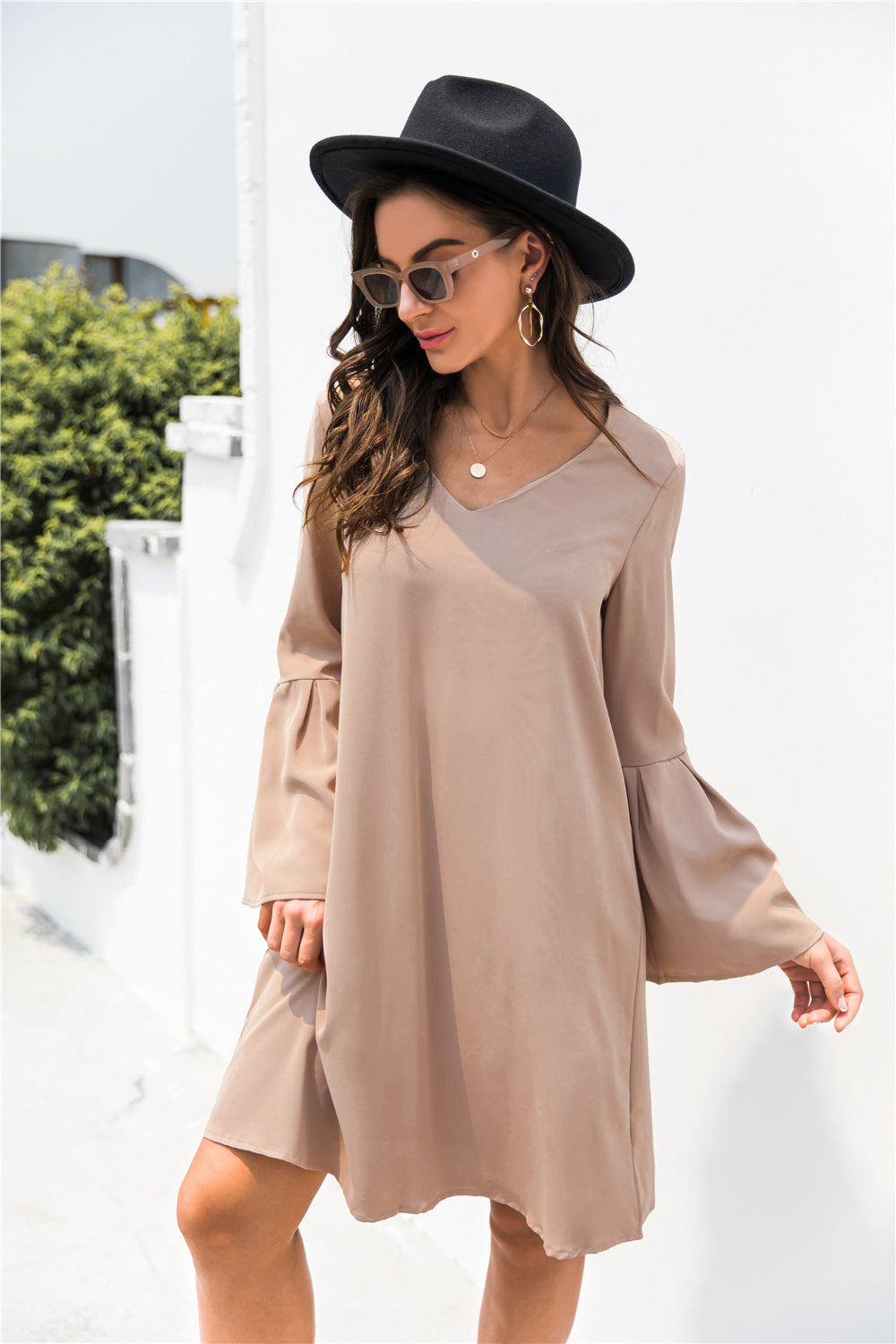 Trumpet Sleeve V Neck Dress  | KIKI COUTURE-Women's Clothing, Designer Fashions, Shoes, Bags