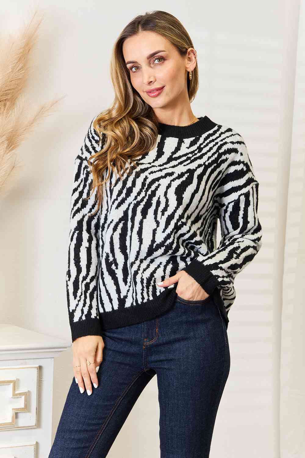 Heimsih Full Size Zebra Print Sweater  | KIKI COUTURE