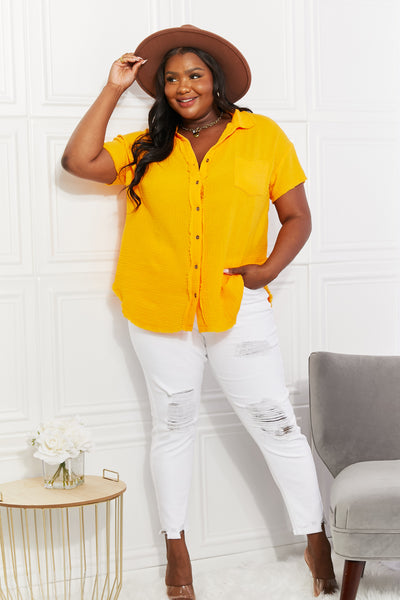 Zenana Full Size Summer Breeze Gauze Short Sleeve Shirt in Mustard  | KIKI COUTURE