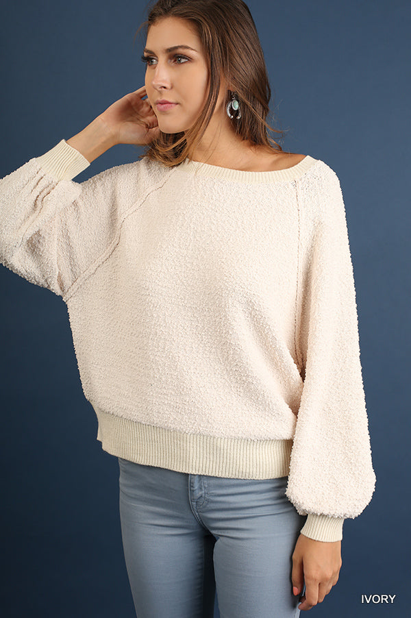 Puff Sleeve Boat Neck Sweater  | KIKI COUTURE-Women's Clothing, Designer Fashions, Shoes, Bags