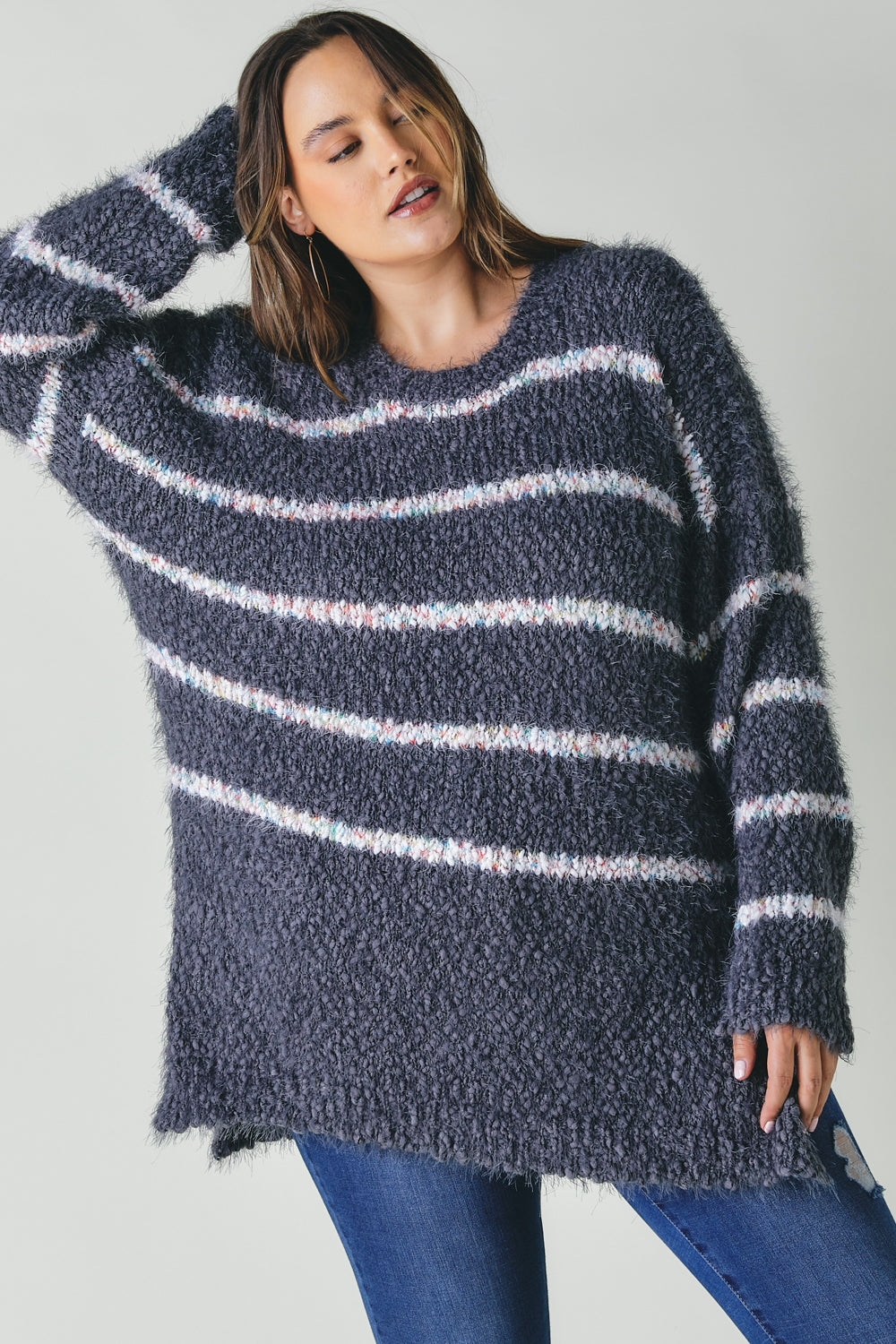 Plus Size Sweater With Stripe Detail  | KIKI COUTURE-Women's Clothing, Designer Fashions, Shoes, Bags