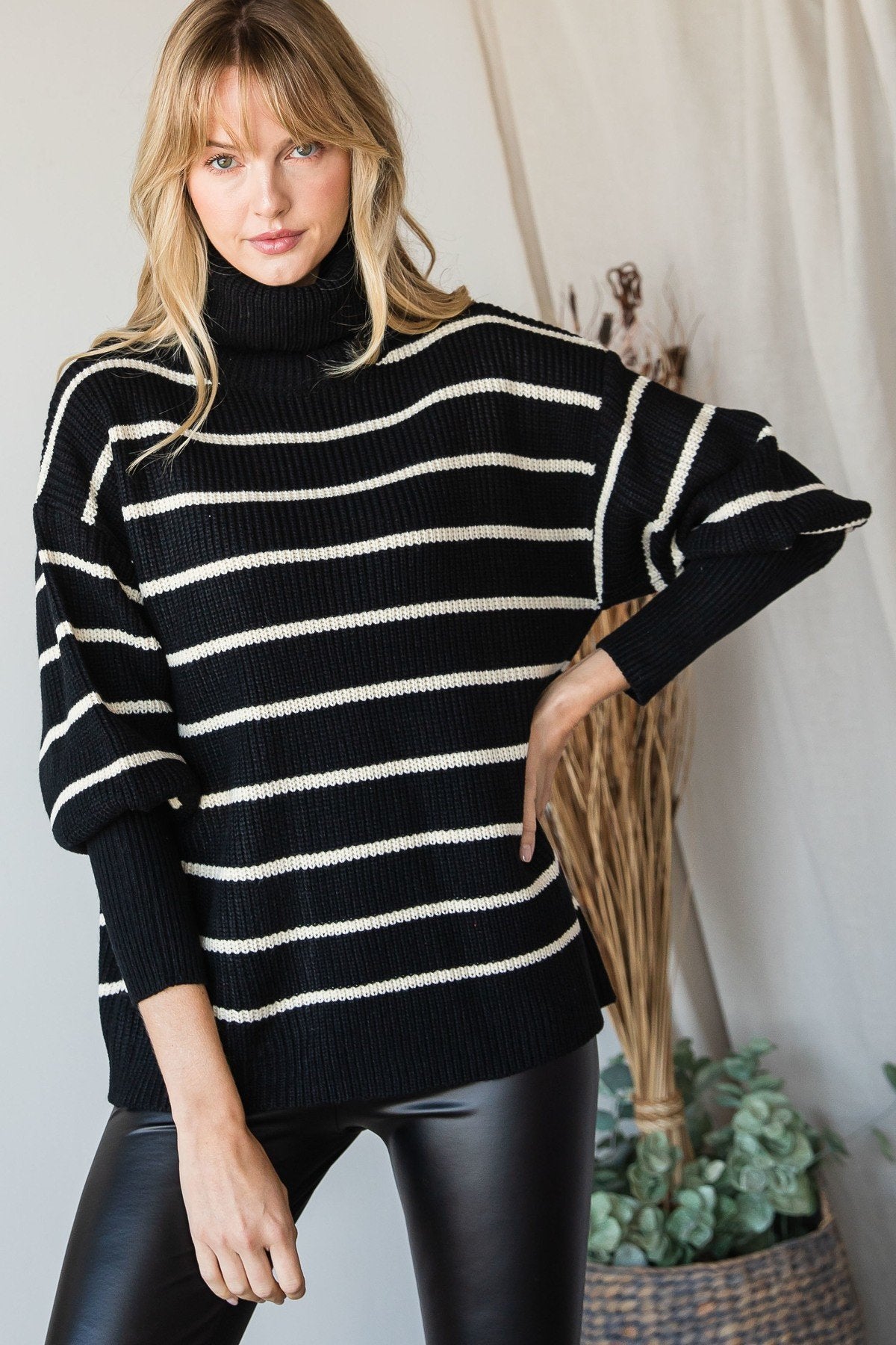 Heavy Knit Striped Turtle Neck Knit Sweater  | KIKI COUTURE-Women's Clothing, Designer Fashions, Shoes, Bags
