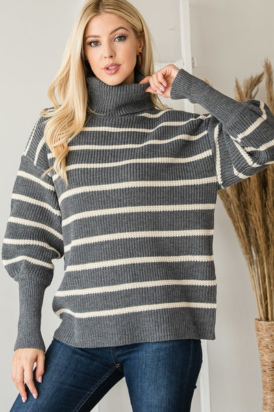 Heavy Knit Striped Turtle Neck Knit Sweater  | KIKI COUTURE-Women's Clothing, Designer Fashions, Shoes, Bags