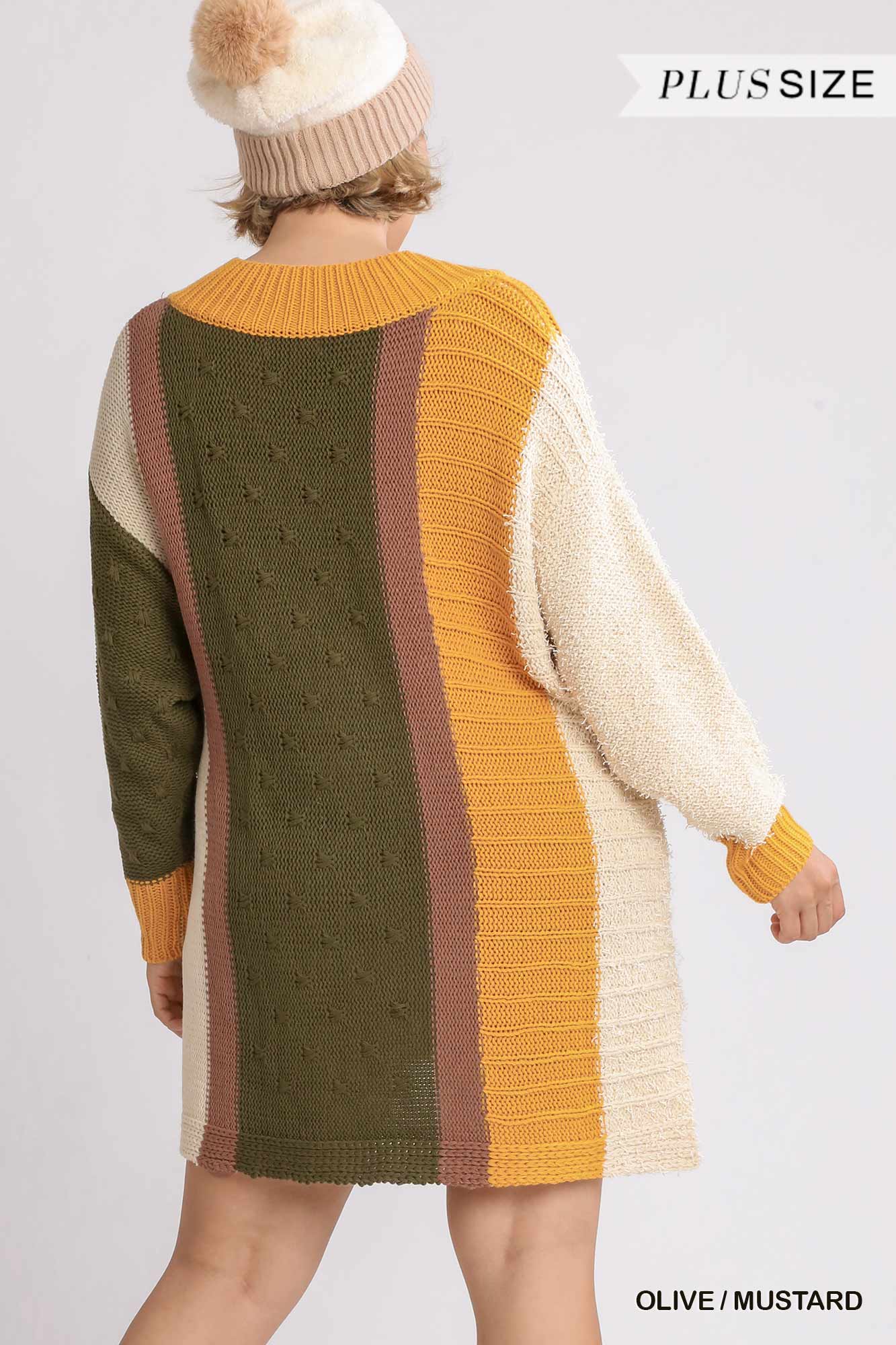 Oversized Multicolor Bouclé V-neck Pullover Sweater Dress With Side Slit  | KIKI COUTURE-Women's Clothing, Designer Fashions, Shoes, Bags