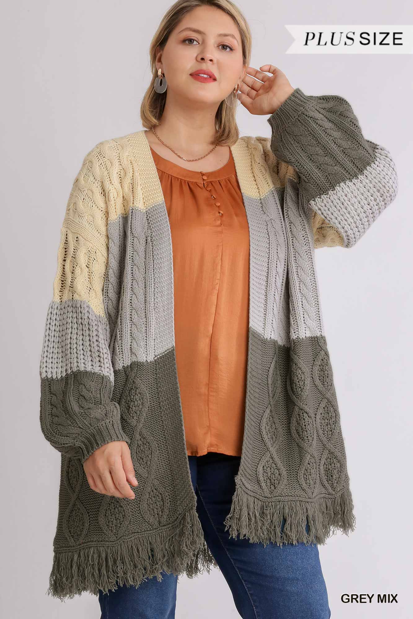 Patchwork Knitted Open Front Cardigan Sweater With Frayed Hem  | KIKI COUTURE-Women's Clothing, Designer Fashions, Shoes, Bags