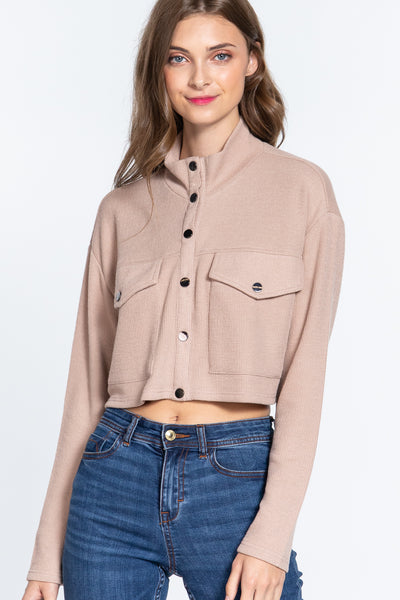 Long Slv Snap Button Crop Jacket  | KIKI COUTURE-Women's Clothing, Designer Fashions, Shoes, Bags