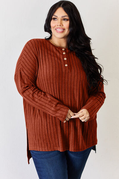 Basic Bae Full Size Ribbed Half Button Long Sleeve High-Low T-Shirt  | KIKI COUTURE